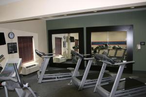 une salle de sport avec plusieurs tapis de course et miroirs dans l'établissement Hampton Inn & Suites West Point, à West Point