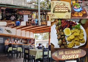 a collage of photos of a restaurant with a plate of food at Apartment in San Cristóbal with 2 Bedrooms, 6 Beds, Living Room, Dining Room, Kitchen, Private Balcony, Terrace with Ocean View, Washer, Satellite Internet, Near Bars and Restaurants - Blue Horizon - Galápagos Home in Puerto Baquerizo Moreno