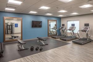 a gym with a row of tread machines and mirrors at Hampton Inn Hastings in Hastings