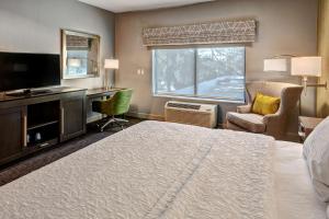 Habitación de hotel con cama, escritorio y TV. en Hampton Inn & Suites San Jose Airport, en San José