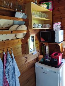 a kitchen with a small refrigerator and a microwave at Ferienhaus Mentil in Greifenburg