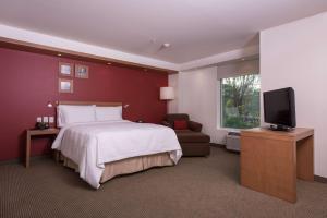 Habitación de hotel con cama y TV de pantalla plana. en Hampton by Hilton Guadalajara Expo, en Guadalajara