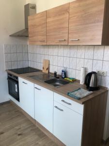 eine Küche mit weißen Schränken und einem Waschbecken in der Unterkunft Apartment für Monteure in Leipzig