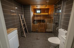 a bathroom with a toilet and a shower at Norlight Cottages Ivalo - Aurinko West in Ivalo