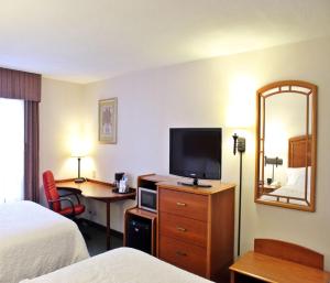 a hotel room with a bed and a desk with a television at Hampton by Hilton Saltillo Zona Aeropuerto in Saltillo