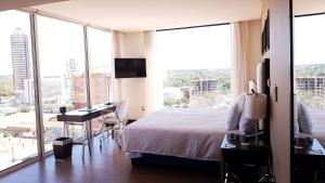 a bedroom with a bed and a desk and windows at Hampton by Hilton Santa Cruz in Santa Cruz de la Sierra