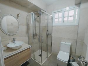 een badkamer met een douche, een toilet en een wastafel bij RosaHome Sanxenxo in Sanxenxo