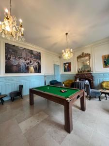a living room with a pool table and a chandelier at Château de La Dame Blanche - Logis in Geneuille