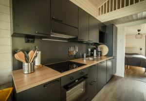 a kitchen with dark green cabinets and a sink at Norlight Cottages Ivalo - Aurinko East in Ivalo