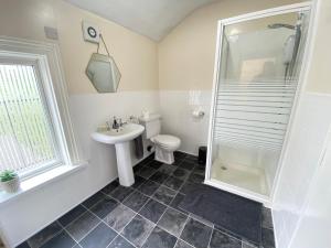 La salle de bains est pourvue de toilettes, d'un lavabo et d'une douche. dans l'établissement Cottage styled 2 Bedroom City Apartment Birmingham - Free Parking, no Caz, à Birmingham