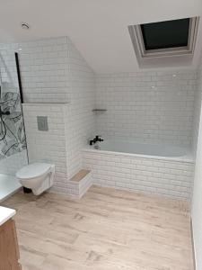 a white bathroom with a toilet and a bath tub at Maison de ville avec terrasse in Épinal +2 photos