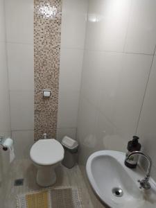 La salle de bains blanche est pourvue de toilettes et d'un lavabo. dans l'établissement Sítio Olho de Boneca, à Itamonte
