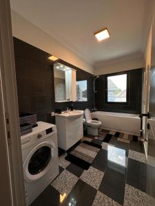 a bathroom with a washing machine and a toilet at Apartament Adela Giulia in Buzău