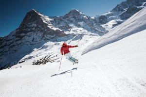 a person is skiing down a snow covered mountain at Casa do Lago in Leissigen