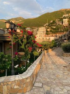 ヴロラにあるBay Inn Apartment Sea Frontの花の石壁の横の通り灯 +29枚の写真