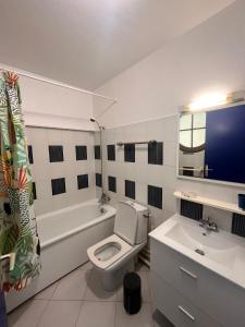 La salle de bains est pourvue de toilettes, d'une baignoire et d'un lavabo. dans l'établissement STUDIO VUE MER VILLAGE VIVA BAS DU FORT, Gosier, au Gosier