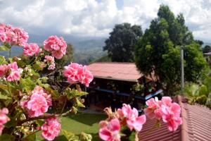 una casa con flores rosas delante de ella en Pachamama, en Salento