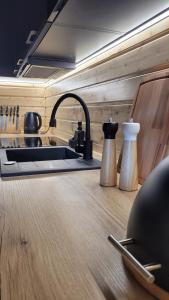 a kitchen counter with a sink and two coffee makers at Sękowy Domek in Świeradów-Zdrój