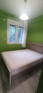 a bedroom with a large bed in a green room at Δίπλα στο κύμα -Βeside the wave in Loutrá Elevtherón
