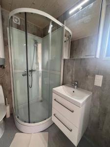 a bathroom with a shower and a sink at Skógsnes II in Selfoss +20 photos
