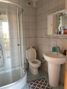 een badkamer met een toilet, een wastafel en een douche bij Apartments Vali in Ulcinj