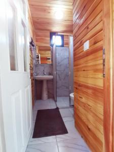 ein Bad mit einer Dusche, einem Waschbecken und einem WC in der Unterkunft Arlin Bungalows in Kemer