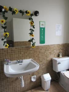 a bathroom with a sink and flowers on the wall at Waldorf in Lima