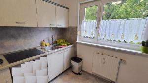 cocina con armarios blancos, fregadero y ventana en Two-Bedroom Apartment near Triberg Waterfall, en Triberg