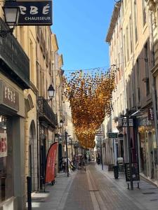 uma rua da cidade com edifícios e um monte de luzes em 2- Charmant 3 pièces en plein cœur de Beziers em Béziers