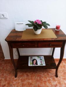 einen Tisch mit einer Topfpflanze und eine Zeitschrift darauf in der Unterkunft LA CASA DE PÁ in Vega de San Mateo