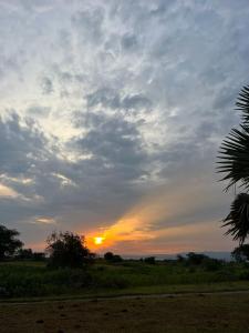 um pôr-do-sol num campo com um céu nublado em Semliki Fishing River Camp 