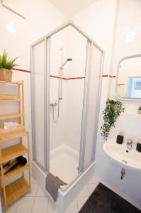 uma casa de banho com um chuveiro e um lavatório. em Stilvoller Altbau in zentraler Lage em Dresden