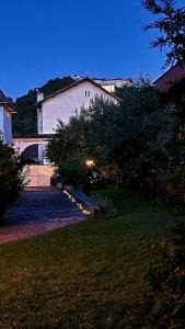 a house with a tree in a yard at night at Studio Rasnov Apartaments in Râşnov