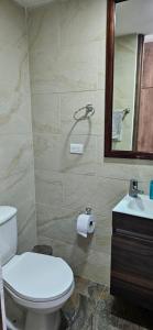 a bathroom with a toilet and a sink and a mirror at APARTAESTUDIO EN VILLETA in Villeta