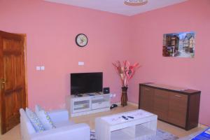 a living room with pink walls and a tv at Le beau séjour - Maison meublée 3 pièces in Libreville