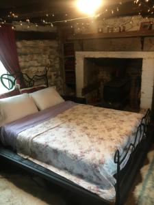 a bed in a room with a fireplace at Historic 1850 Log Cabin in Westminster