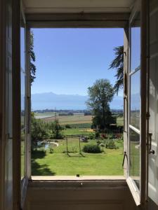 uma janela aberta com vista para um campo em B&B Château de Denens 