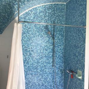 y baño con ducha de azulejos azules y cortina de ducha. en B&B Château de Denens 