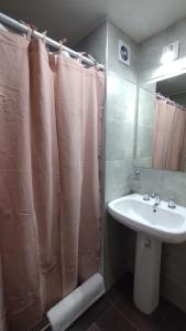 y baño con cortina de ducha y lavamanos. en Vid_y_Olivo. Cómodo departamento en el centro de Maipú en Maipú