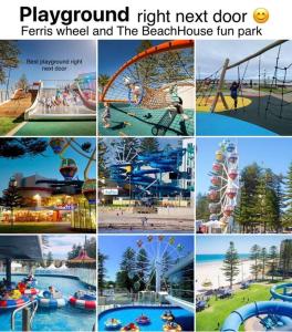 a collage of different pictures of a water park at Absolute Beachfront at the Pier Glenelg in Glenelg