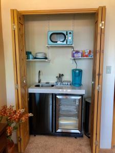 una pequeña cocina con fregadero y microondas en Celestial Casita, en Colorado Springs