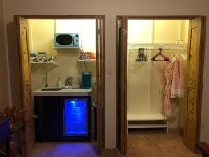 a bathroom with a sink and a shower with a microwave at Celestial Casita in Colorado Springs