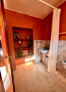 a bathroom with a shower and a sink in a room at Alena Hostal in Valladolid