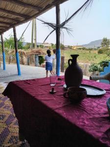 uma mesa com um vaso em cima de uma toalha de mesa roxa em auberge yeswal aoulad yaakoube 