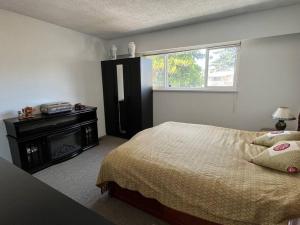 1 dormitorio con 1 cama, chimenea y ventana en Two Bedrooms Marpole Vancouver, en Vancouver
