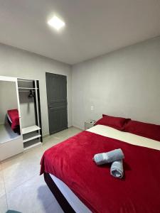 Casa de 2 Quartos no Centro في مارابا: غرفة نوم بسرير كبير مع بطانية حمراء
