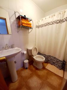 La salle de bains est pourvue de toilettes, d'un lavabo et d'une douche. dans l'établissement hostal casa talitha, à San Pedro de Atacama