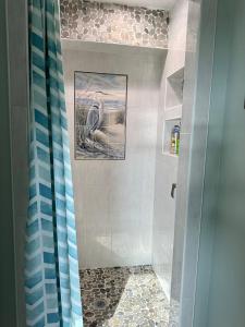 uma casa de banho com um chuveiro com um pássaro na parede em Waterfront Guesthouse on Key Allegro/Little Bay with dock em Rockport