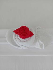 uma rosa vermelha em cima de uma toalha branca em Bountiful Inn em Puerto Princesa