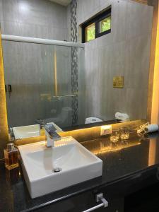a bathroom with a sink and a mirror at Casa 1800 Cerro Verde in Cerro Verde